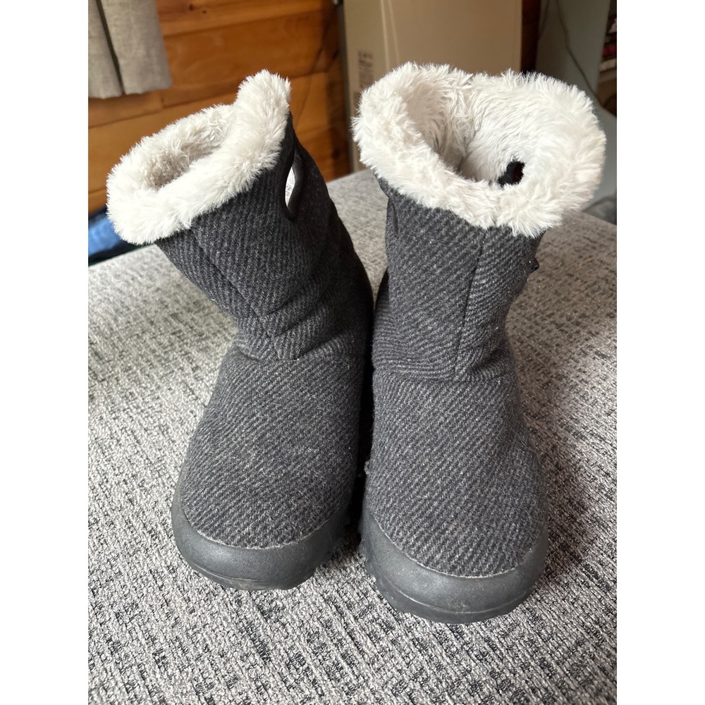 Bogs B-Moc Women 9 Winter Boots Charcoal Grey Herringbone Faux Fur Waterproof